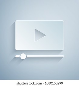 Paper cut Online play video icon isolated on grey background. Film strip with play sign. Paper art style. Vector.