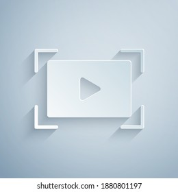 Paper cut Online play video icon isolated on grey background. Film strip with play sign. Paper art style. Vector.