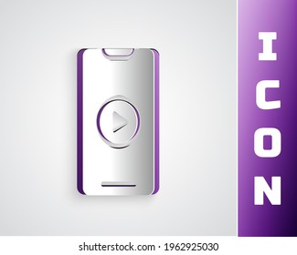Paper cut Online play video icon isolated on grey background. Smartphone and film strip with play sign. Paper art style. Vector Illustration