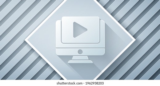 Paper cut Online play video icon isolated on grey background. Computer monitor and film strip with play sign. Paper art style. Vector Illustration