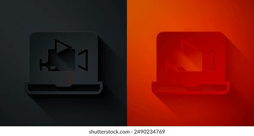 Paper cut Online play video icon isolated on black and red background. Film strip with play sign. Paper art style. Vector