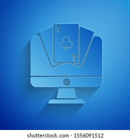 Paper cut Online poker table game icon isolated on blue background. Online casino. Paper art style. Vector Illustration