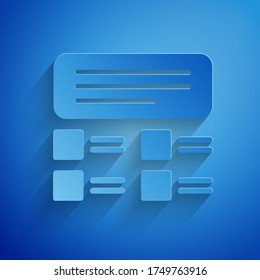 Paper cut Online quiz, test, survey or checklist icon isolated on blue background. Exam list. E-education concept. Paper art style. Vector Illustration
