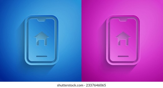 Paper cut Online real estate house on smartphone icon isolated on blue and purple background. Home loan concept, rent, buy, buying a property. Paper art style. Vector