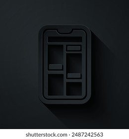 Paper cut Online shopping on mobile phone icon isolated on black background. Internet shop, mobile store app and payments billing. Paper art style. Vector Illustration
