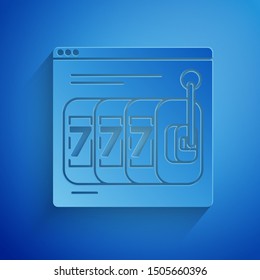 Paper cut Online slot machine with lucky sevens jackpot icon isolated on blue background. Online casino. Paper art style. Vector Illustration