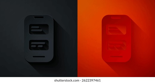 Paper cut Online translator icon isolated on black and red background. Foreign language conversation icons in chat speech bubble. Translating concept. Paper art style. Vector