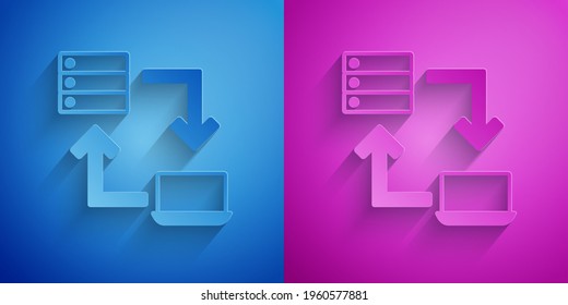 Paper cut Online working icon isolated on blue and purple background. Freelancer man working on laptop at his house. Remote work. Distant job concept. Paper art style. Vector