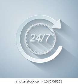 Paper cut Open 24 hours a day and 7 days a week icon isolated on grey background. All day cyclic icon. Paper art style. Vector Illustration