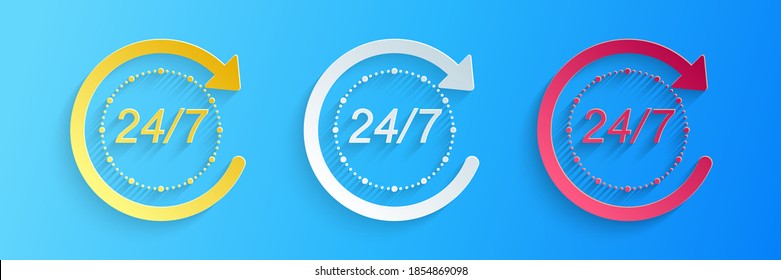 Paper cut Open 24 hours a day and 7 days a week icon isolated on blue background. All day cyclic icon. Paper art style. Vector.