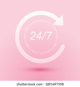 Paper cut Open 24 hours a day and 7 days a week icon isolated on pink background. All day cyclic icon. Paper art style. Vector.