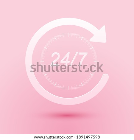 Paper cut Open 24 hours a day and 7 days a week icon isolated on pink background. All day cyclic icon. Paper art style. Vector.