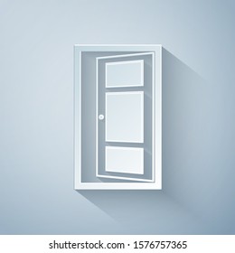 Paper cut Open door icon isolated on grey background. Paper art style. Vector Illustration