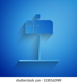 Paper cut Open mail box icon isolated on blue background. Mailbox icon. Mail postbox on pole with flag. Paper art style. Vector Illustration