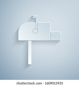 Paper cut Open mail box icon isolated on grey background. Mailbox icon. Mail postbox on pole with flag. Paper art style. Vector Illustration