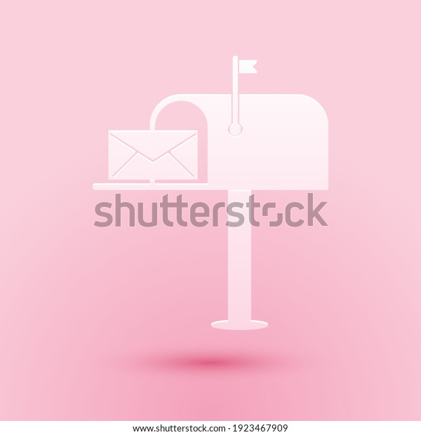 Paper cut Open mail\
box with an envelope icon isolated on pink background. Paper art\
style. Vector