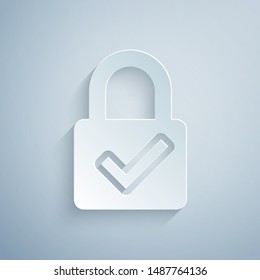 Paper cut Open padlock and check mark icon isolated on grey background. Cyber security concept. Digital data protection. Safety safety. Paper art style. Vector Illustration