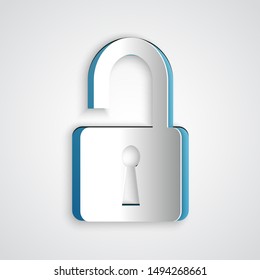 Paper cut Open padlock icon isolated on grey background. Opened lock sign. Cyber security concept. Digital data protection. Safety safety. Paper art style. Vector Illustration