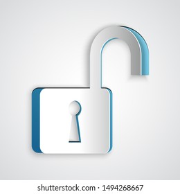 Paper cut Open padlock icon isolated on grey background. Opened lock sign. Cyber security concept. Digital data protection. Safety safety. Paper art style. Vector Illustration