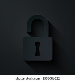 Paper cut Open padlock icon isolated on black background. Opened lock sign. Cyber security concept. Digital data protection. Safety safety. Paper art style. Vector Illustration
