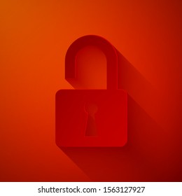 Paper cut Open padlock icon isolated on red background. Opened lock sign. Cyber security concept. Digital data protection. Safety safety. Paper art style. Vector Illustration