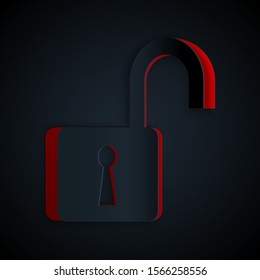 Paper cut Open padlock icon isolated on black background. Opened lock sign. Cyber security concept. Digital data protection. Safety safety. Paper art style. Vector Illustration