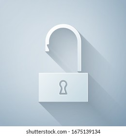 Paper cut Open padlock icon isolated on grey background. Opened lock sign. Cyber security concept. Digital data protection. Paper art style. Vector Illustration