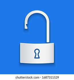 Cortado de papel Icono de candado abierto aislado en fondo azul. Signo de bloqueo abierto. Concepto de ciberseguridad. Protección digital de datos. Estilo de arte de papel. Ilustración vectorial