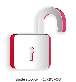 Paper cut Open padlock icon isolated on white background. Opened lock sign. Cyber security concept. Digital data protection. Safety safety. Paper art style. Vector