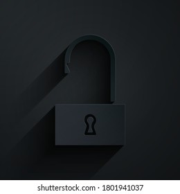 Recorte de papel Icono de candado abierto aislado en fondo negro. Signo de bloqueo abierto. Concepto de ciberseguridad. Protección digital de datos. Estilo de arte de papel. Ilustración vectorial