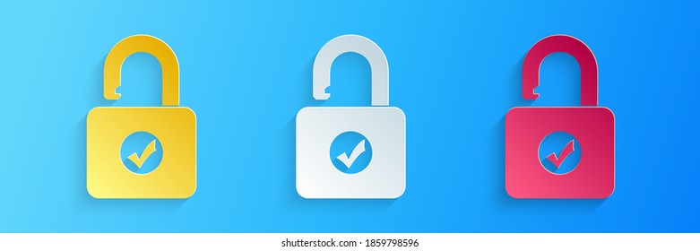 Paper cut Open padlock icon isolated on blue background. Opened lock sign. Cyber security concept. Digital data protection. Safety safety. Paper art style. Vector.