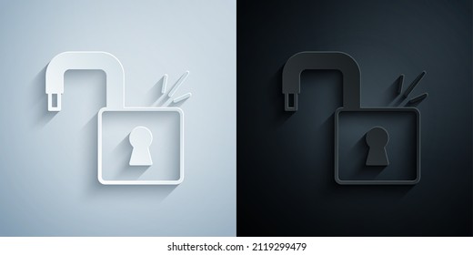 Paper cut Open padlock icon isolated on grey and black background. Opened lock sign. Cyber security concept. Digital data protection. Paper art style. Vector