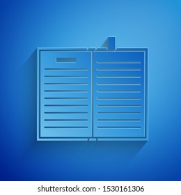 Paper cut Open science book icon isolated on blue background. Paper art style. Vector Illustration
