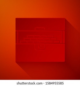 Paper cut Opened antique treasure chest icon isolated on red background. Vintage wooden chest with golden coin. Paper art style. Vector Illustration