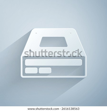 Paper cut Optical disc drive icon isolated on grey background. CD DVD laptop tray drive for read and write data disc. Paper art style. Vector