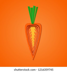 Paper cut orange carrot. Vector paper cut design in the form of half slice ripe carrot for design of food packaging. Vector illustration. Paper applique art style vegetable. Origami concept