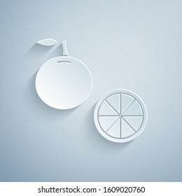 Paper cut Orange fruit icon isolated on grey background. Paper art style. Vector Illustration