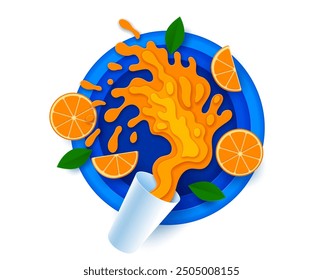 Paper cut orange juice flow splash, vector origami art tropical fruit drink. Orange juice or smoothie beverage spill with 3d paper cut wavy layers, citrus slices, juicy drops, mint leaves and glass