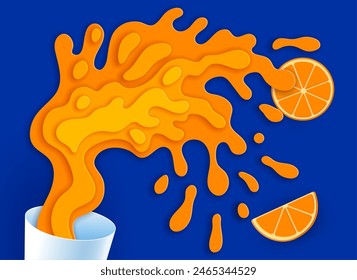 Papier geschnitten Orangensaft Spritzer. 3D-Vektorgrafik dynamischer und farbenfroher Papierschnitt aus Zitrusfrüchten, die mit frischen Orangenscheiben in Bewegung aus dem Glas spritzt, Sommerfrische und Energie in tropischen Getränken