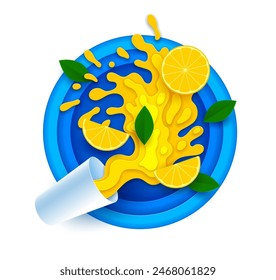 Salpicadura de papel de naranja o jugo de limón. Vector 3d vibrante corte de papel de salpicadura dinámica con frutas cítricas cortadas en rodajas y hojas verdes en un marco de capas redondas azules, exuda frescura, salud y vibraciones de verano