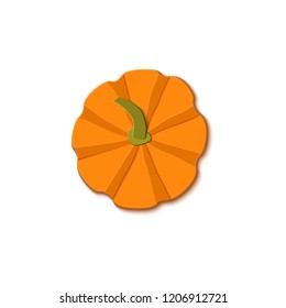 Paper cut orange pumpkin top view. Origami whole sweet pumpkin. Design elements for Halloween party, Thanksgiving Day card. Vector illustration. Paper art style