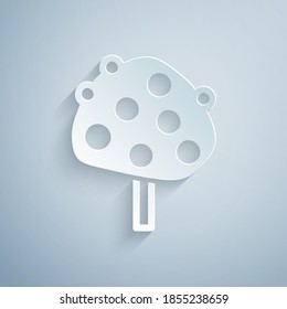 Paper cut Orange tree with fruits icon isolated on grey background. Paper art style. Vector.
