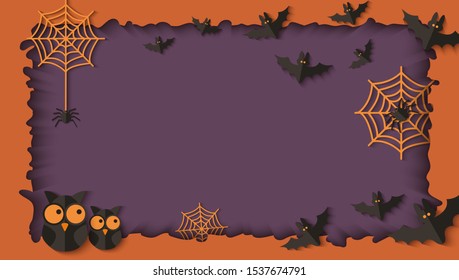 Paper cut origami layers in Halloween background or frame. Card border with owls, bats and spiders vector illustration. Banner for Halloween party with place for text.