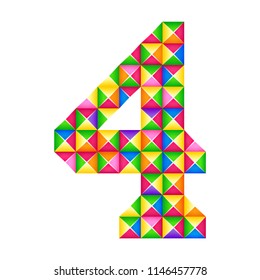 Paper cut, origami number 4 ( fourth ) Realistic 3D origami effect isolated. Figure of alphabet, digit. Decoration element for baby birthday, anniversary kids design, year. Colored cartoon number four