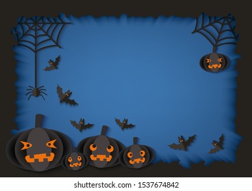 Paper cut origami style scaring Halloween background with pumpkins, bats and spiders realistic vector illustration. Web banner for Halloween party with place for text.