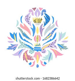 Paper cut ornament pattern. Modern design inspired by baroque style. Stylized shapes with freehand drawn textures, doodles. Vector collage illustration in bright fun mood