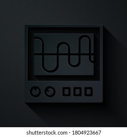 Paper cut Oscilloscope measurement signal wave icon isolated on black background. Paper art style. Vector.