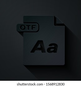 Paper cut OTF file document. Download otf button icon isolated on black background. OTF file symbol. Paper art style. Vector Illustration