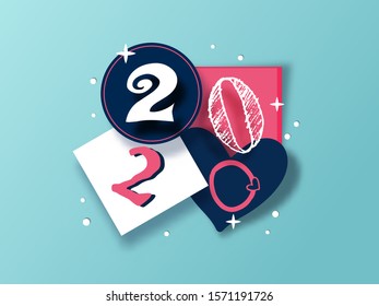 Paper cut out 2020 text in different style on blue background for New Year celebration.
