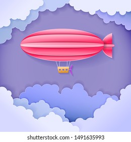 Paper cut out airship (blimp, zeppelin) in the sky with clouds. Paper art vector illustration.